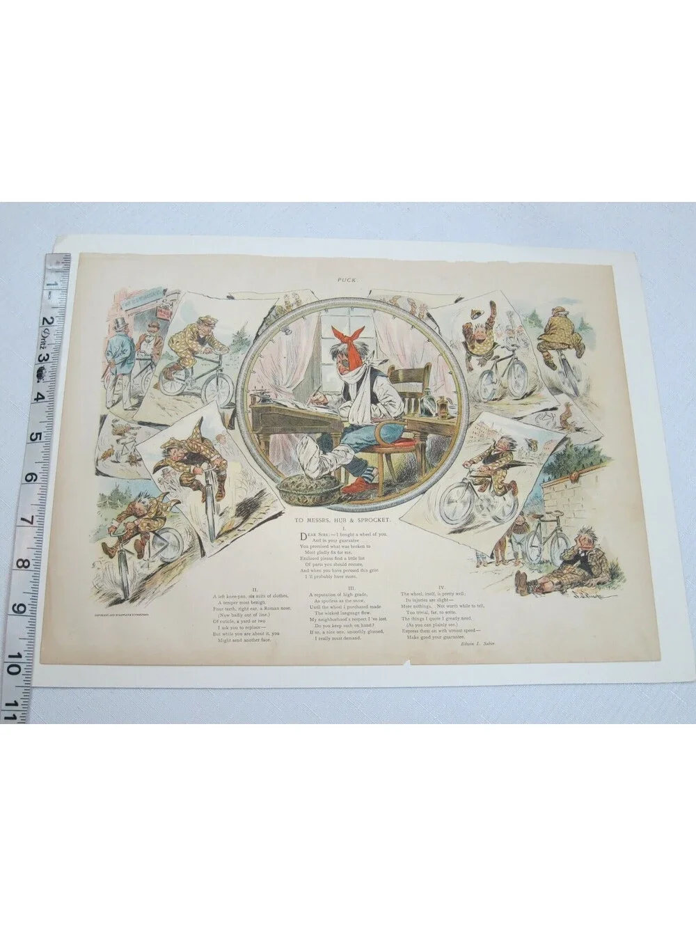 Antique 1897 Puck Magazine Bicycle Cartoon JS Pughe Hub & Sprocket 10x13.5 RARE